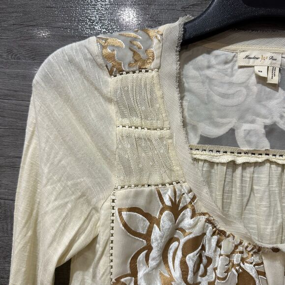 Meadow Rue Anthropologie Womens XS Blouse Beige Floral Long Sleeve - Picture 3 of 15